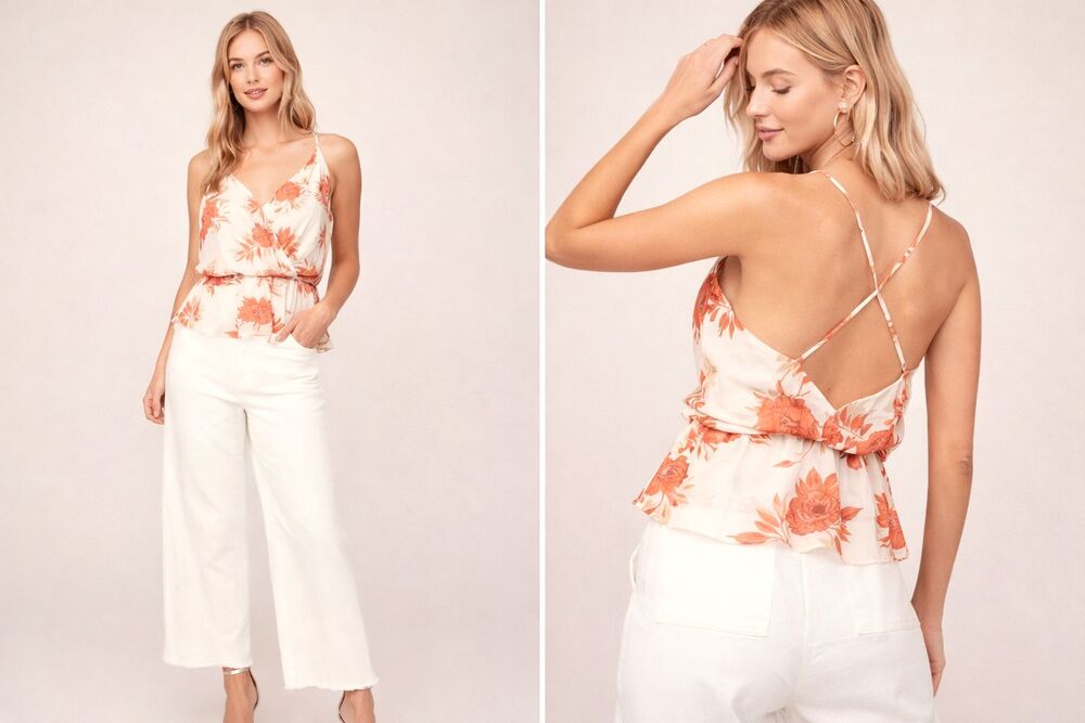 ASTR The Label Floral Chiffon Cami Ivory Orange Ruffle Peplum Strappy Top S